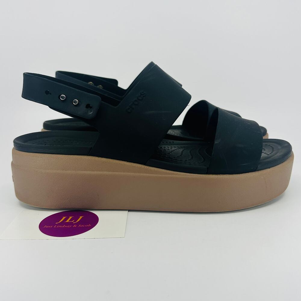 Crocs Women's Brooklyn Low Wedge Comfort Sandals Black/Mushroom 206453 Size 8